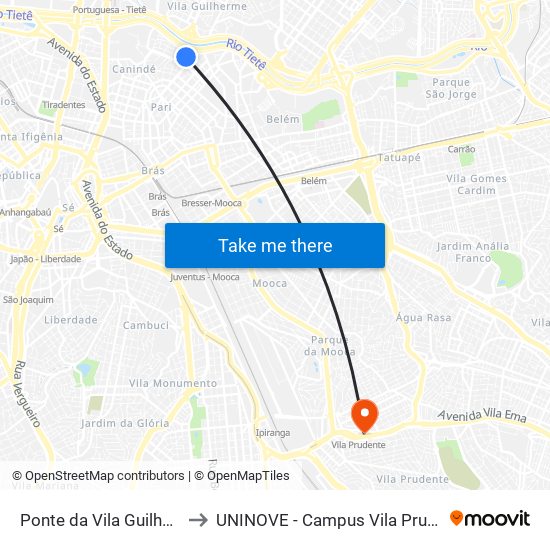 Ponte da Vila Guilherme to UNINOVE - Campus Vila Prudente map