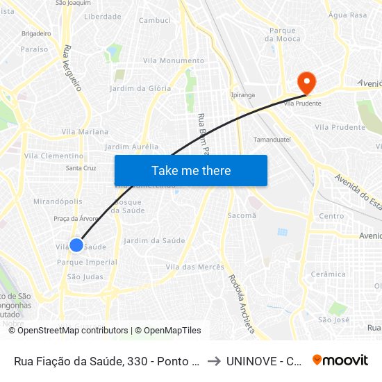 Rua Fiação da Saúde, 330 - Ponto Final da Linha 446 - Vila da Saúde, São Paulo to UNINOVE - Campus Vila Prudente map