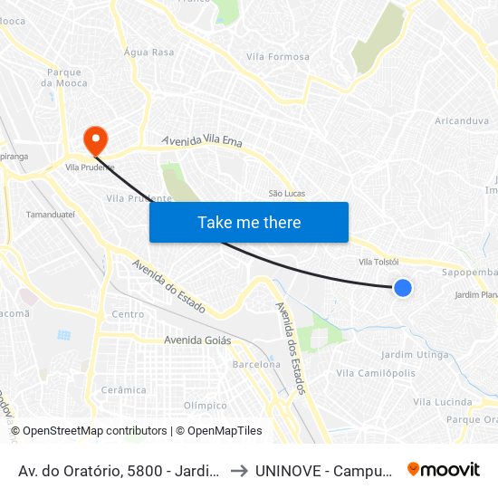 Av. do Oratório, 5800 - Jardim Mimar, São Paulo to UNINOVE - Campus Vila Prudente map