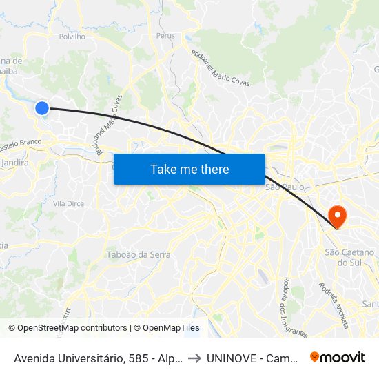 Avenida Universitário, 585 - Alphaville Santana de Parnaíba to UNINOVE - Campus Vila Prudente map