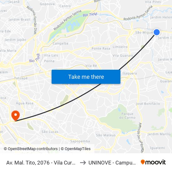 Av. Mal. Tito, 2076 - Vila Curuçá Velha, São Paulo to UNINOVE - Campus Vila Prudente map