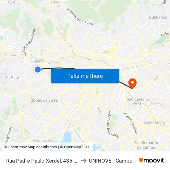 Rua Padre Paulo Xerdel, 435 - Vila Yolanda, Osasco to UNINOVE - Campus Vila Prudente map