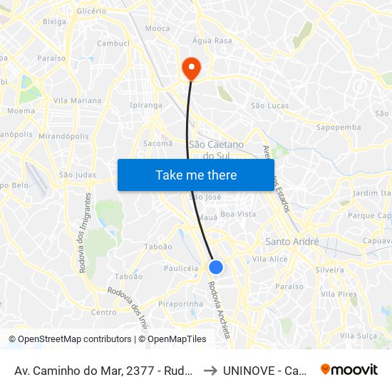 Av. Caminho do Mar, 2377 - Rudge Ramos, São Bernardo do Campo to UNINOVE - Campus Vila Prudente map