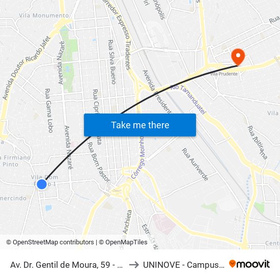 Av. Dr. Gentil de Moura, 59 - Ipiranga, São Paulo to UNINOVE - Campus Vila Prudente map