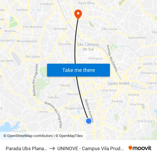 Parada Ubs Planalto to UNINOVE - Campus Vila Prudente map