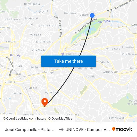 José Campanella - Plataforma Tucuruvi to UNINOVE - Campus Vila Prudente map