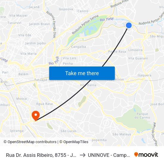 Av. Dr. Assis Ribeiro, 8800 - Ermelino Matarazzo, São Paulo to UNINOVE - Campus Vila Prudente map