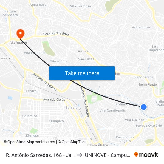 R. Antônio Sarzedas, 168 - Jardim Elba, São Paulo to UNINOVE - Campus Vila Prudente map