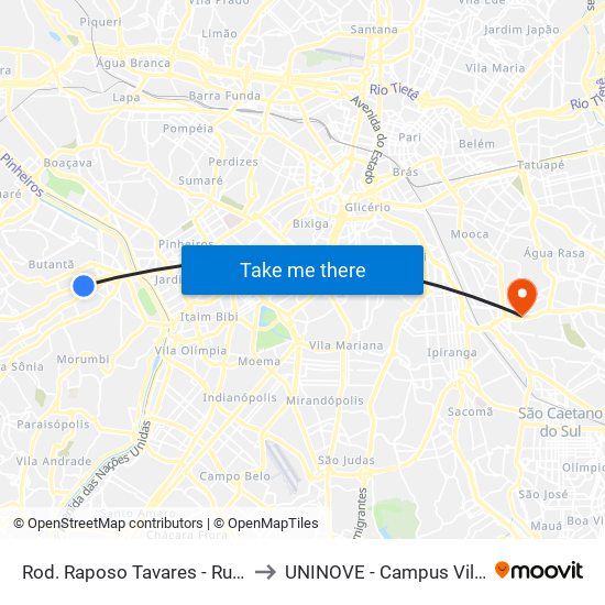 Rod. Raposo Tavares - Rua Esplanada to UNINOVE - Campus Vila Prudente map
