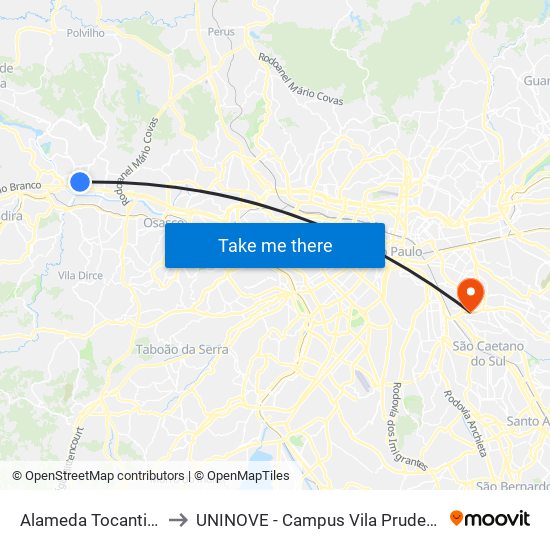 Alameda Tocantins to UNINOVE - Campus Vila Prudente map