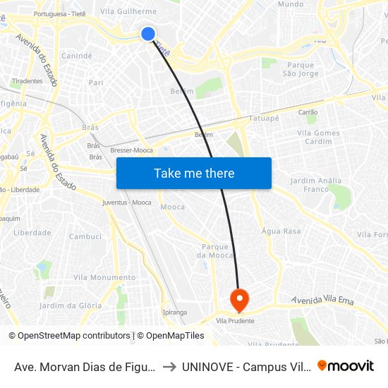 Ave. Morvan Dias de Figueiredo 2801 to UNINOVE - Campus Vila Prudente map