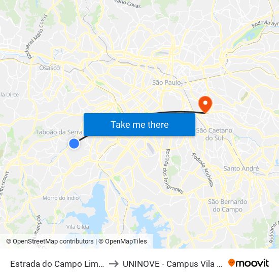 Estrada do Campo Limpo 5322 to UNINOVE - Campus Vila Prudente map