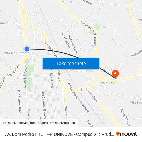 Av. Dom Pedro I, 1105 to UNINOVE - Campus Vila Prudente map