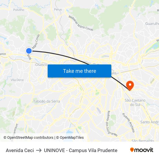 Avenida Ceci to UNINOVE - Campus Vila Prudente map