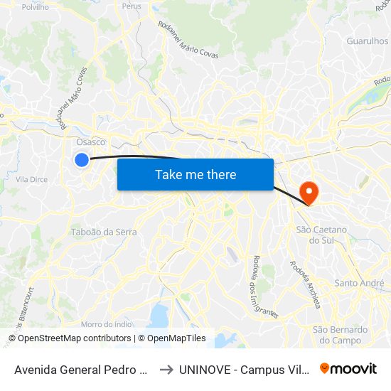 Avenida General Pedro Pinho 1457 to UNINOVE - Campus Vila Prudente map