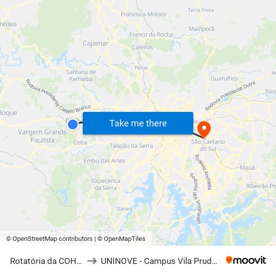 Rotatória da COHAB to UNINOVE - Campus Vila Prudente map