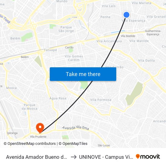 Avenida Amador Bueno da Veiga 1391 to UNINOVE - Campus Vila Prudente map