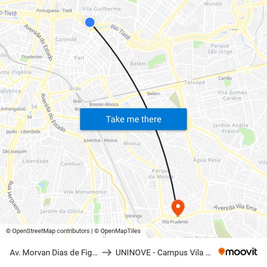 Av. Morvan Dias de Figueiredo to UNINOVE - Campus Vila Prudente map