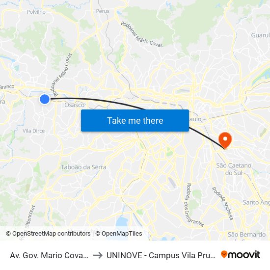 Av. Gov. Mario Covas 74 to UNINOVE - Campus Vila Prudente map