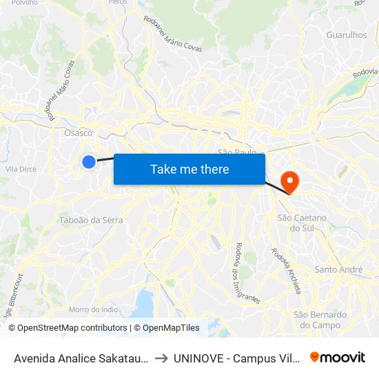 Avenida Analice Sakatauskas 1017 to UNINOVE - Campus Vila Prudente map
