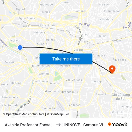 Avenida Professor Fonseca Rodrigues to UNINOVE - Campus Vila Prudente map