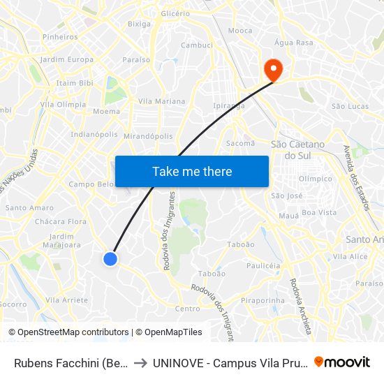 Rubens Facchini (Berrini) to UNINOVE - Campus Vila Prudente map