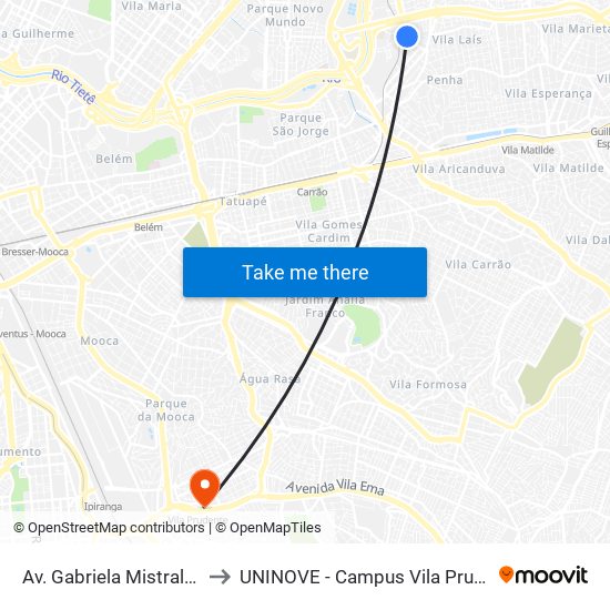 Av. Gabriela Mistral 419 to UNINOVE - Campus Vila Prudente map