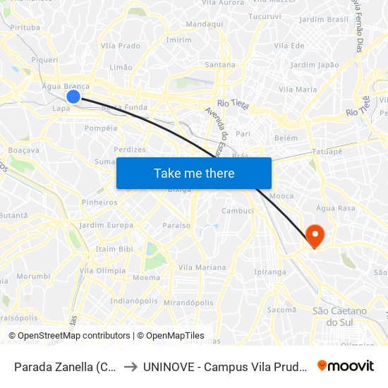 Parada Zanella (C/B) to UNINOVE - Campus Vila Prudente map