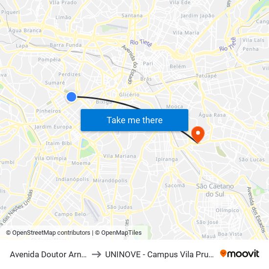 Avenida Doutor Arnaldo to UNINOVE - Campus Vila Prudente map