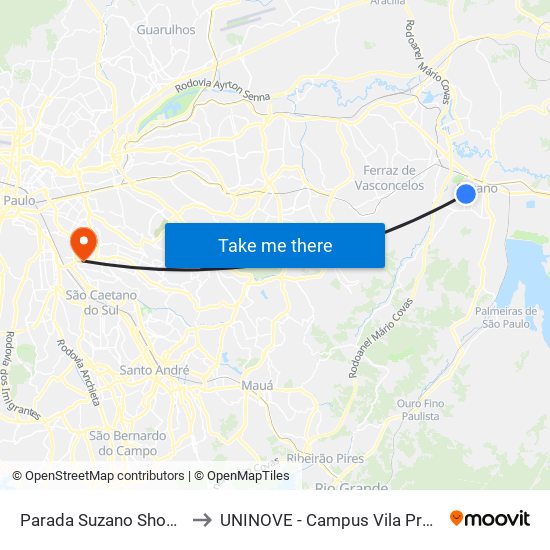 Parada Suzano Shopping to UNINOVE - Campus Vila Prudente map