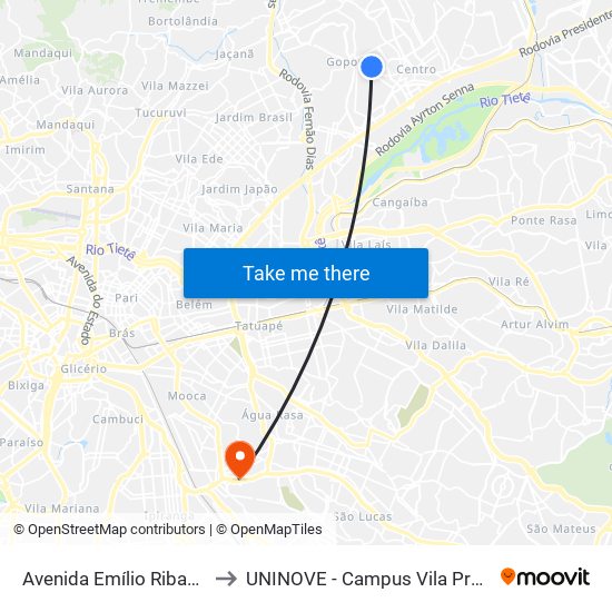 Avenida Emílio Ribas 720 to UNINOVE - Campus Vila Prudente map