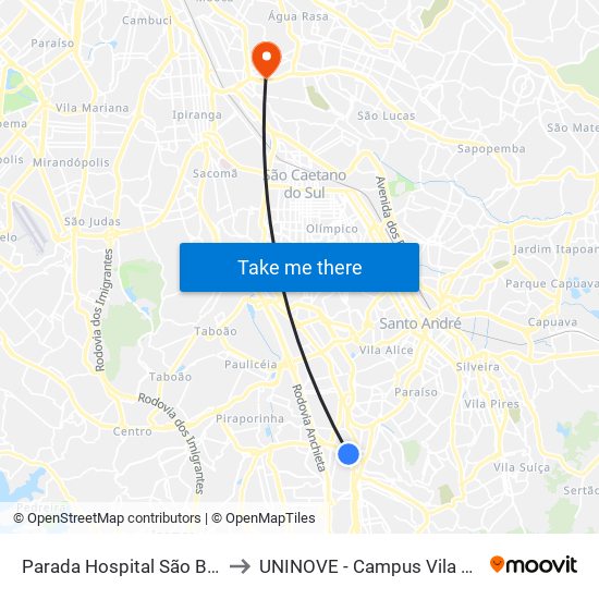 Parada Hospital São Bernardo to UNINOVE - Campus Vila Prudente map