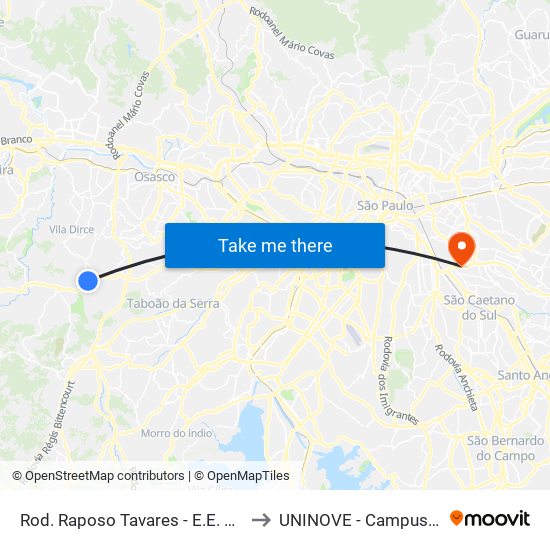 Rod. Raposo Tavares - E.E. Vinicius de Moraes to UNINOVE - Campus Vila Prudente map