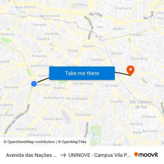 Avenida das Nações Unidas to UNINOVE - Campus Vila Prudente map