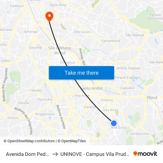 Avenida Dom Pedro I to UNINOVE - Campus Vila Prudente map