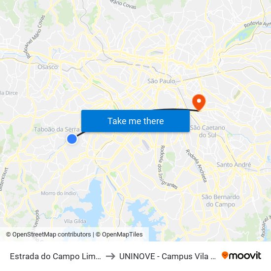 Estrada do Campo Limpo 5554 to UNINOVE - Campus Vila Prudente map