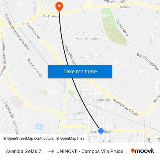 Avenida Goiás 772 to UNINOVE - Campus Vila Prudente map