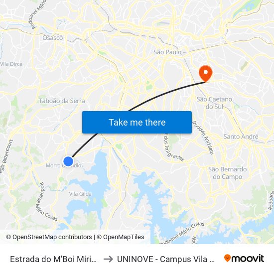 Estrada do M'Boi Mirim 4050 to UNINOVE - Campus Vila Prudente map