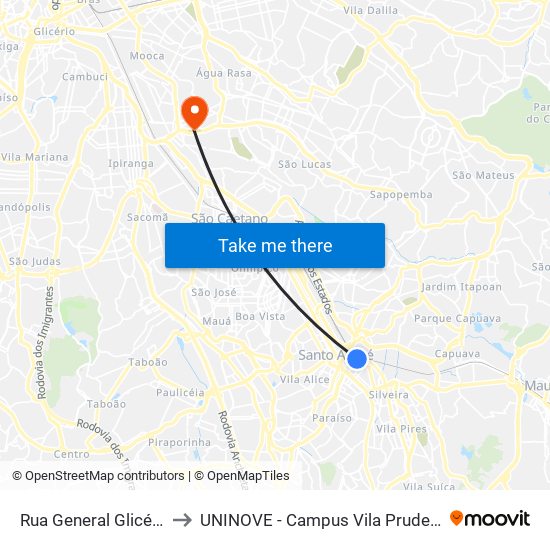 Rua General Glicério to UNINOVE - Campus Vila Prudente map