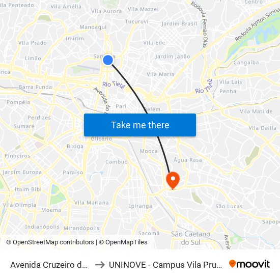 Avenida Cruzeiro do Sul to UNINOVE - Campus Vila Prudente map