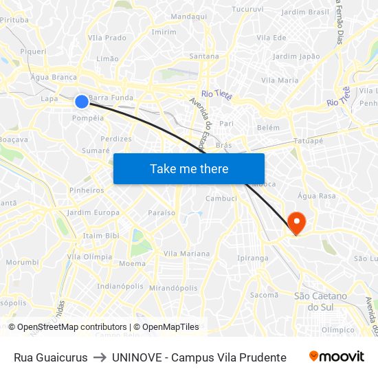 Rua Guaicurus to UNINOVE - Campus Vila Prudente map
