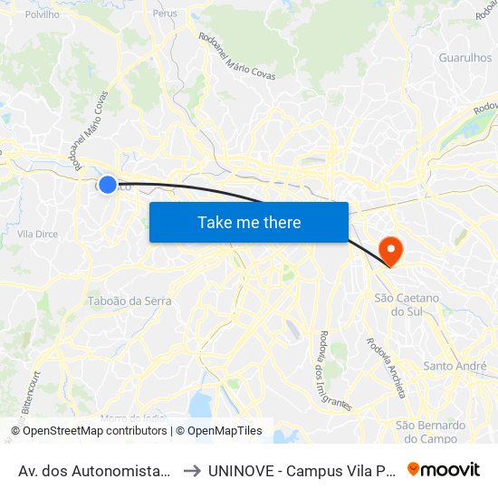 Av. dos Autonomistas 5110 to UNINOVE - Campus Vila Prudente map