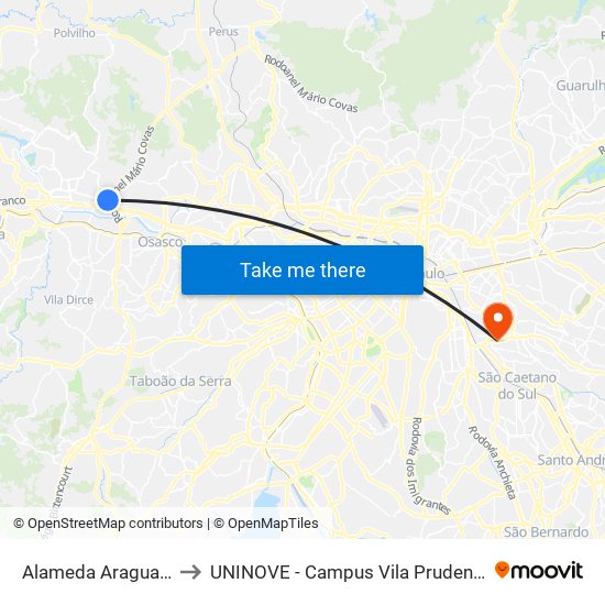 Alameda Araguaia to UNINOVE - Campus Vila Prudente map