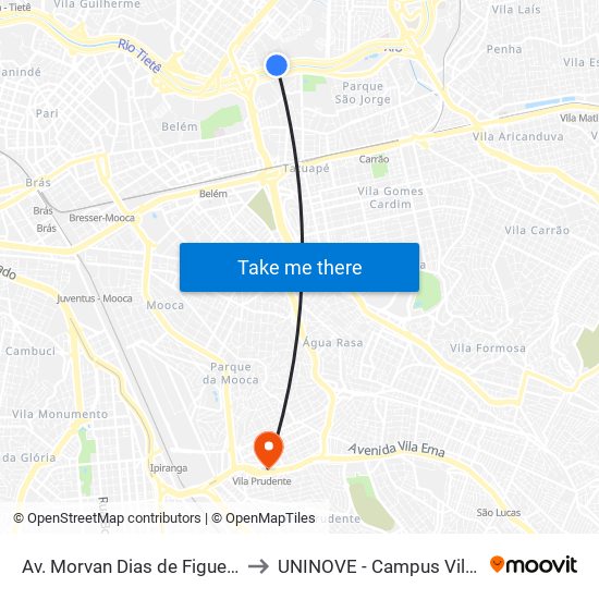 Av. Morvan Dias de Figueiredo 5631 to UNINOVE - Campus Vila Prudente map