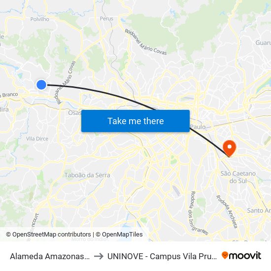 Alameda Amazonas 868 to UNINOVE - Campus Vila Prudente map