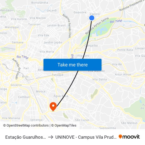 Estação Guarulhos Stt to UNINOVE - Campus Vila Prudente map