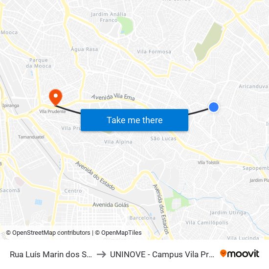 Rua Luís Marin dos Santos to UNINOVE - Campus Vila Prudente map