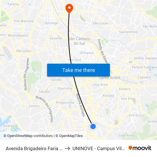 Avenida Brigadeiro Faria Lima 1113 to UNINOVE - Campus Vila Prudente map