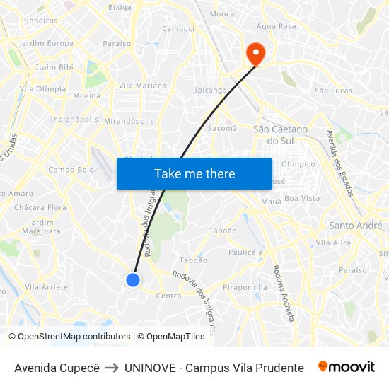 Avenida Cupecê to UNINOVE - Campus Vila Prudente map