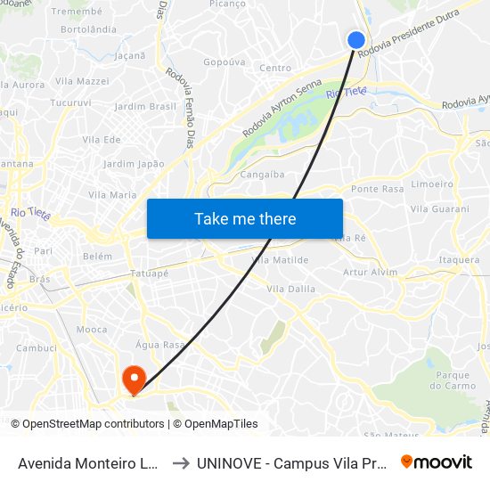 Avenida Monteiro Lobato to UNINOVE - Campus Vila Prudente map